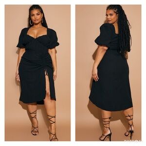 PrettyLittleThing Plus Black Puff Sleeve Ruched Side Split Midi Dress Sz 18